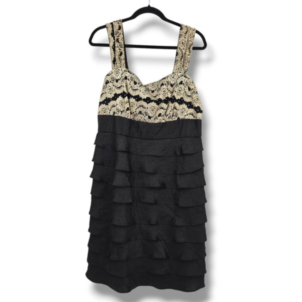 New R & M Richards Sequin Lace Dress Tiered‎ Ruffle Party Cocktail Black Gold 14
